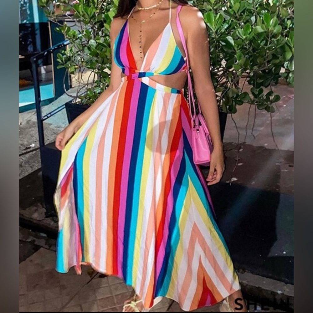 Boho multicolor Stripes Lace up Back Maxi Dress - Picture 6 of 7